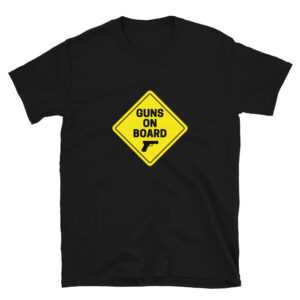 This 2nd amendment shirt is for those on the frontlines wanting to protect their rights. It is a black shirt with what looks like a baby on board sign, but humorously replaced by a gun instead.