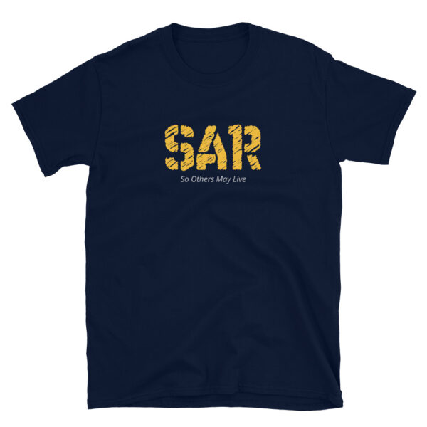 SAR is a navy blue colored frontlines t-shirt designed for rescue specialists and search and rescue military forces who render aid so others may live.