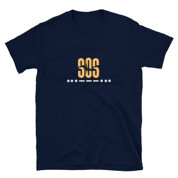 This is a navy blue SOS morse code unisex t-shirt with The Frontlines design for rescue specialists or those interested in survival.