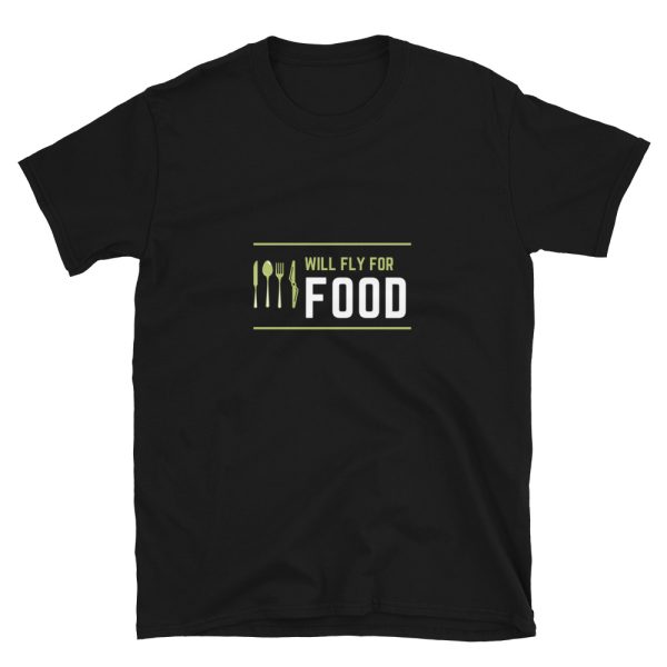 Aviators will fly for food because they love flying aircraft. This is a black shirt available in multiple sizes.
