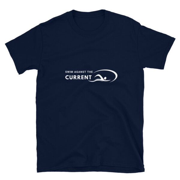 Swim against the current navy t-shirt with swimmer icon swimming against the ocean's current is to remind us all that it is ok to sometimes go against the grain and be ourselves.