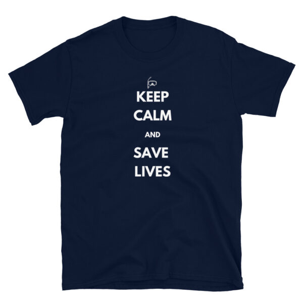 keep calm and save lives first responder shirt in navy blue.