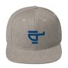 classic snapback hat in heather gray color with a blue helicopter logo